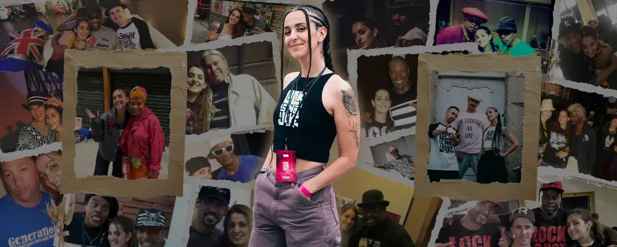 Collage de photos retraçant le parcours de Julia Ortola, Funky-J, aux côtés des figures du locking international